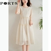 宝姿法式高级感白色泡泡袖连衣裙女夏季收腰显瘦气质中长裙子