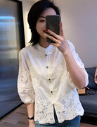 新中式圆领蕾丝衬衫女2024夏季复古百搭提花七分袖减龄上衣女
