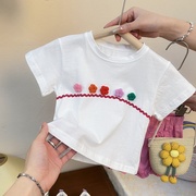 2023韩版夏款女童短袖T恤纯棉洋派可爱宝宝立体小花半袖上衣儿童