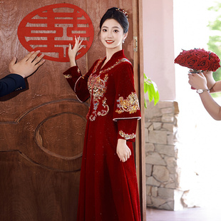 新中式红色敬酒服2023新娘孕妇高腰，遮肚秀禾大码胖mm长袖