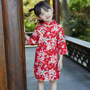 女童旗袍中国风春秋长袖，改良纯棉复古唐装红色，礼服修身儿童连衣裙