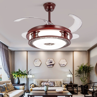 新中式餐厅隐形风扇灯实木吊扇灯，客厅卧室复古一体电扇灯静音变频