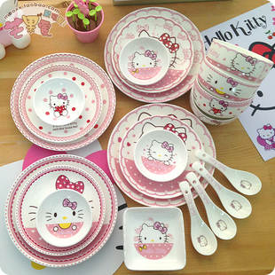 可爱kitty儿童陶瓷碗厨房餐具日韩版卡通式米，饭碗套装骨瓷碗勺