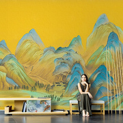 3D千里江山图壁画新中式电视背景墙布茶室养生馆办公室背景墙纸