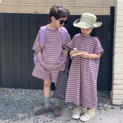 2024夏装男童短袖t恤短裤纯棉，两件套女宝宝，紫色条纹卫衣裙长裙潮