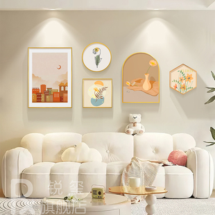 奶油风客厅装饰画现代轻奢沙发，背景墙挂画ins高级感肌理画法式