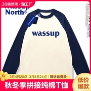 wassupnorth拼接纯棉t恤印花男女款插肩打底上衣2024年圆领春天