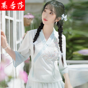 中国风日常改良汉服交领上衣夏装大码女装绣花短款茶禅服中式套装