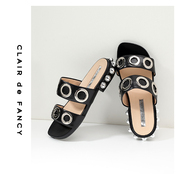 夏季欧美气质金属圆环铆钉细带组合软底牛皮女士拖鞋凉鞋