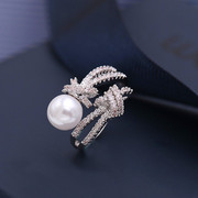 时尚绳结珍珠戒指女生，微镶锆石食指指环，2024个性气质开口戒指