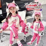 女童粉红色印花卡通套装冬季中小童女宝圆领休闲运动两件套潮