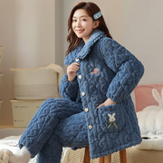 珊瑚绒睡衣女冬季三层加厚夹棉袄韩版保暖加绒女士大码家居服套装