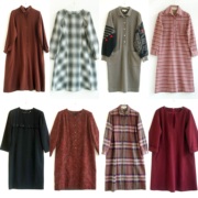 日本韩国古着vintage复古格子条纹宽松波普风长袖毛呢连衣裙孤品