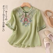 新中式棉麻刺绣短袖衬衫女夏装，妈妈国风亚麻，宽松上衣苎麻薄款小衫
