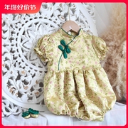 原创设计女宝唐装生日宴周岁礼服中国风小碎花绿色香槟色包屁汉服