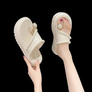 坡跟拖鞋女夏季外穿2024白色夹脚套趾细带凉鞋增高厚底凉拖鞋
