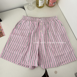 粉绿色日系条纹短裤天，丝棉宽松薄款夏季居家短裤睡裤女