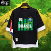 世界足球国家队巴西葡萄牙西班牙法国队假两件短袖t恤衫男5五分袖