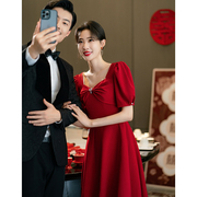 敬酒服新娘酒红色缎面平时可穿订婚礼服连衣裙结婚便装红裙子
