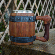 德国木桶啤酒杯创意仿实木不锈钢杯子个性，大容量酒吧杯子