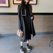 韩版毛呢外套女2023年冬季女装设计感海军领黑色大衣女