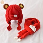 宝宝过年帽子红色新年喜庆拜年婴幼儿毛线帽护耳秋冬季洋气男女宝