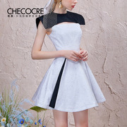 茬客黑白旋律连衣裙2021夏季小众拼色无袖，设计感提花短裙