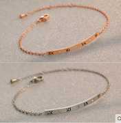 韩版气质罗马数字带钻镀18k玫瑰金手链(金手链)钛钢，手环女韩系时尚