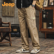 jeep吉普裤子男士春秋季棉质工装，高密斜布料男裤宽松直筒休闲长裤