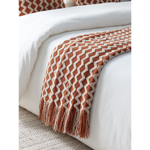 北欧针织毛线毯(毛线毯)沙发，装饰毯床尾巾，黄色搭巾样板房长款