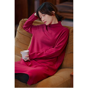 壹旧原著玫红色柔软细腻舒适羊毛，半高领中长款针织连衣裙6329-1