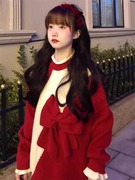 2023年秋冬女士毛衣慵懒风套头宽松重工圣诞红色蝴蝶结针织衫上衣