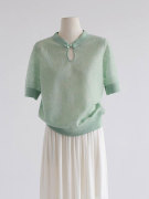 时装款~薄荷曼波绿色针织上衣女 新中式国风设计镂空提花短袖