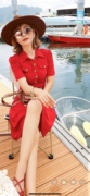 猫咪红色连衣裙气质修身显瘦短袖夏装欧美风名媛复古情怀