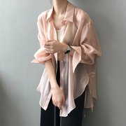 韩版绑带设计感天丝衬衫女2024夏季衬衣轻薄宽松桃粉色防晒衣