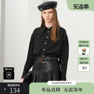 XG雪歌XH321039A490黑色长袖衬衫2022秋季蕾丝拼接修身上衣女