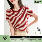 红色复古条纹短袖，t恤女2024夏季女装韩版休闲显瘦棉体恤上衣
