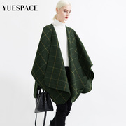 悦空间时尚格子双面大衣，女士羊毛斗篷，秋冬宽松毛呢外套无袖绿色