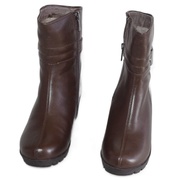 坡跟羊毛靴子冬季保暖大棉真皮女靴短筒咖啡色，头层牛皮靴4950101