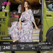 妖精的口袋紫色v领短袖雪纺连衣裙女2023秋收腰茶歇显瘦气质