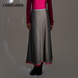 香莎CHANSARR 复古气质灰色羊毛撞色半裙 法式浪漫 优雅a字长裙