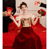 敬酒服新娘2024夏季一字肩，小个子法式订婚礼服红色连衣裙高端