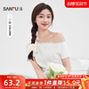 三福T恤女2025夏季独特漂亮掐腰上衣气质斜肩蕾丝短袖女装500880
