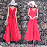 适合拍照的大红色雪纺连衣裙，女夏海南三亚度假显瘦超长沙滩裙子仙