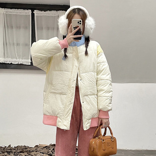 粉白色羽绒棉服女冬季2023小个子韩版棉衣，棒球服棉袄立领外套