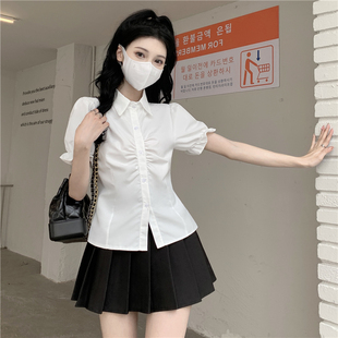 学院白色衬衫短裙套装职业泡泡袖上衣女夏季工作服短袖黑裙子气质