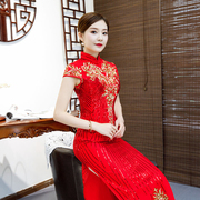 红色旗袍连衣裙2022短袖改良中式复古修身中国风迎宾旗袍长款