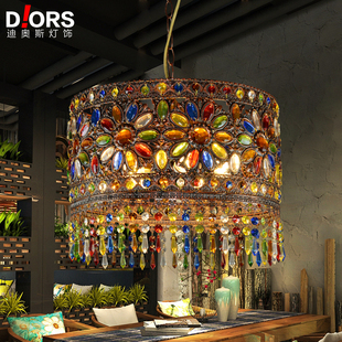 波西米亚吊灯东南亚风格灯创意，彩色水晶灯美容院西餐厅圆形铁艺灯