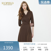 scofield女优雅气质，不对称设计感裙装，修身v领七分袖连衣裙