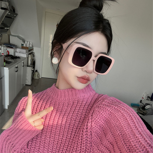 韩系少女裸粉色复古大方框圆脸，显瘦太阳眼镜2023网红墨镜高级